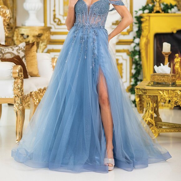 New Off Shoulder Long Semi-Ball Gown w/ Sheer Beads Embellished Bodice DQ 4490 - Picture 5 of 8